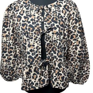 Sim Sam Leopard Print Puff Sleeve Bow Front Tie Ruffled Y2K Inspired Cotton Chic